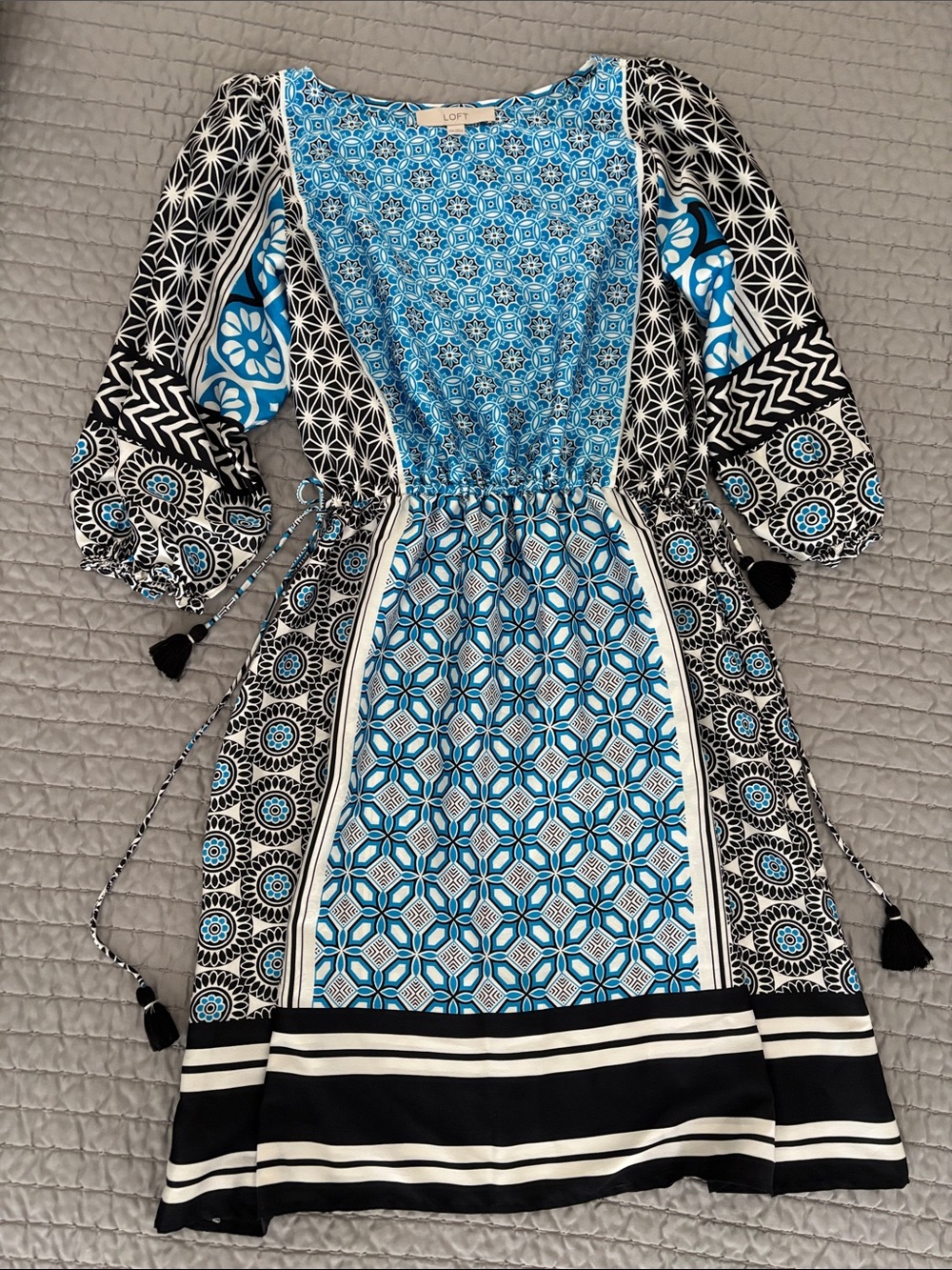 LOFT Blue and Black Patterned Mixed-Print Dress, Never Worn, XXS
